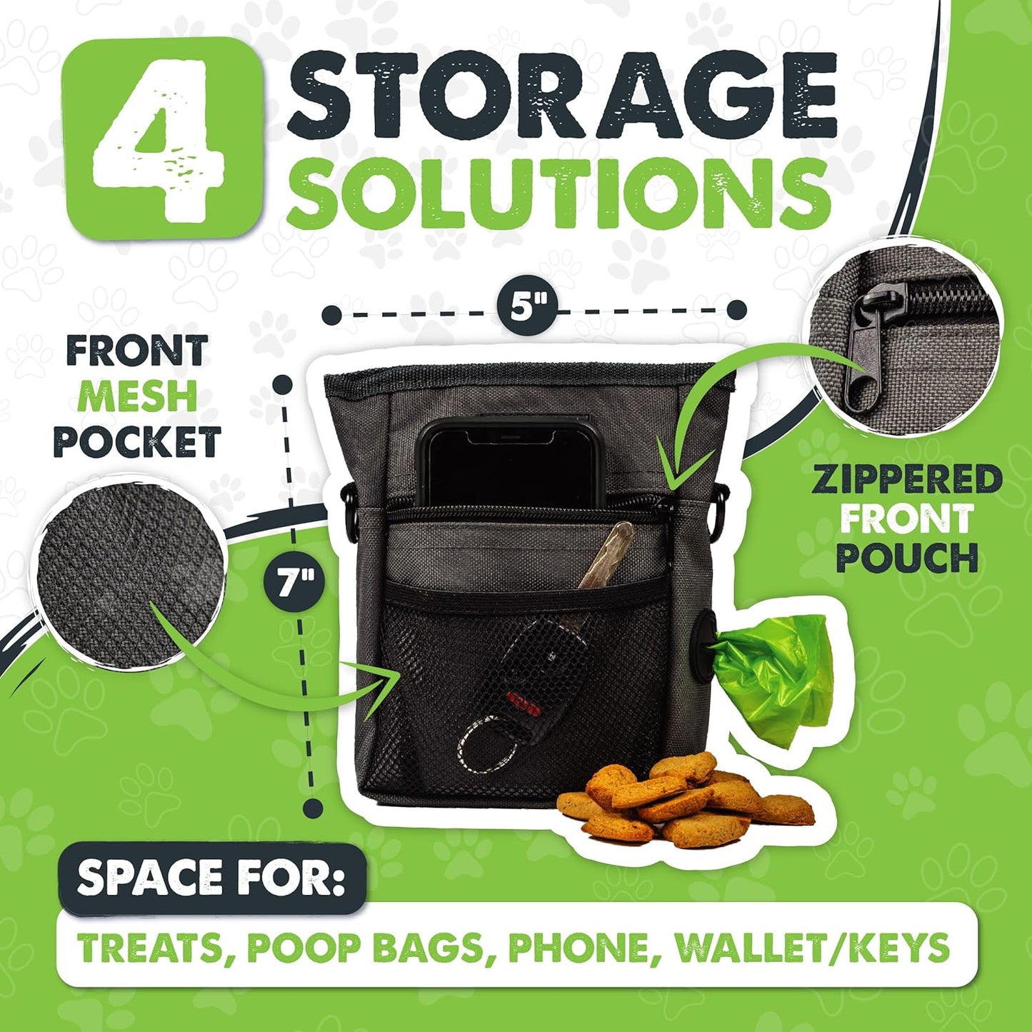 Dog Treat Bag - Drawstring Closure Pouch - Includes Carabiner Hook and Pick-Up Bags - Dog Paw Treat Bag - Pet Training Pouch - (Grey/Green)