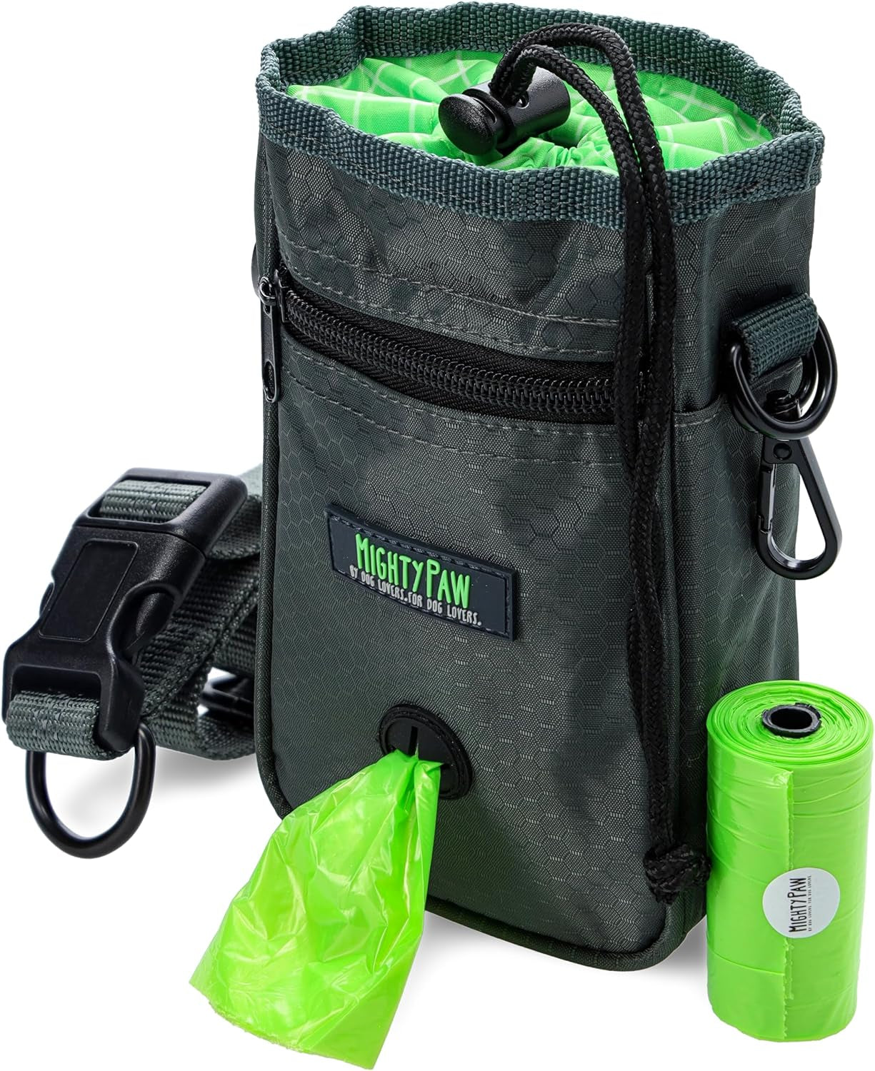 Dog Treat Bag - Drawstring Closure Pouch - Includes Carabiner Hook and Pick-Up Bags - Dog Paw Treat Bag - Pet Training Pouch - (Grey/Green)
