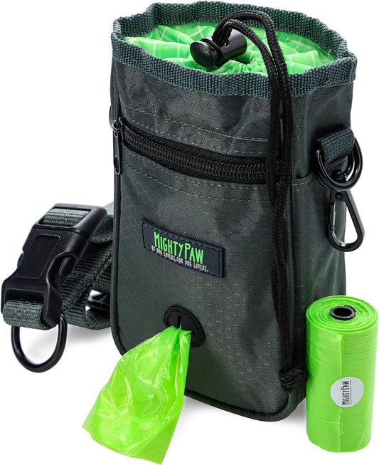 Dog Treat Bag - Drawstring Closure Pouch - Includes Carabiner Hook and Pick-Up Bags - Dog Paw Treat Bag - Pet Training Pouch - (Grey/Green)