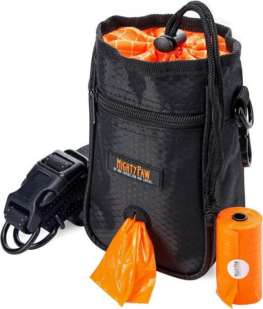 Dog Treat Bag - Drawstring Closure Pouch - Includes Carabiner Hook and Pick-Up Bags - with Reflective Belt - Dog Training Treats Pouch (Black)