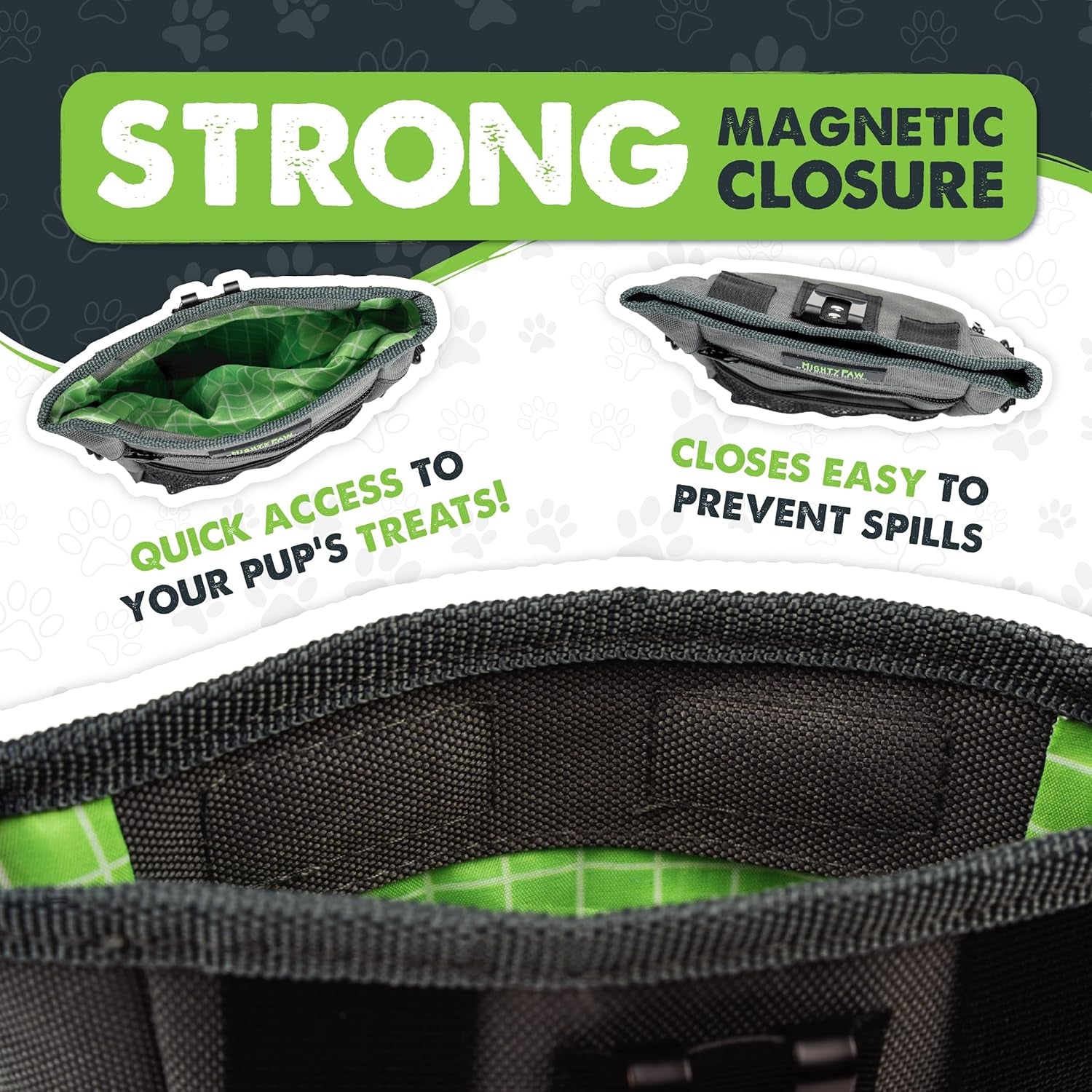 Dog Treat Bag - Drawstring Closure Pouch - Includes Carabiner Hook and Pick-Up Bags - Dog Paw Treat Bag - Pet Training Pouch - (Grey/Green)