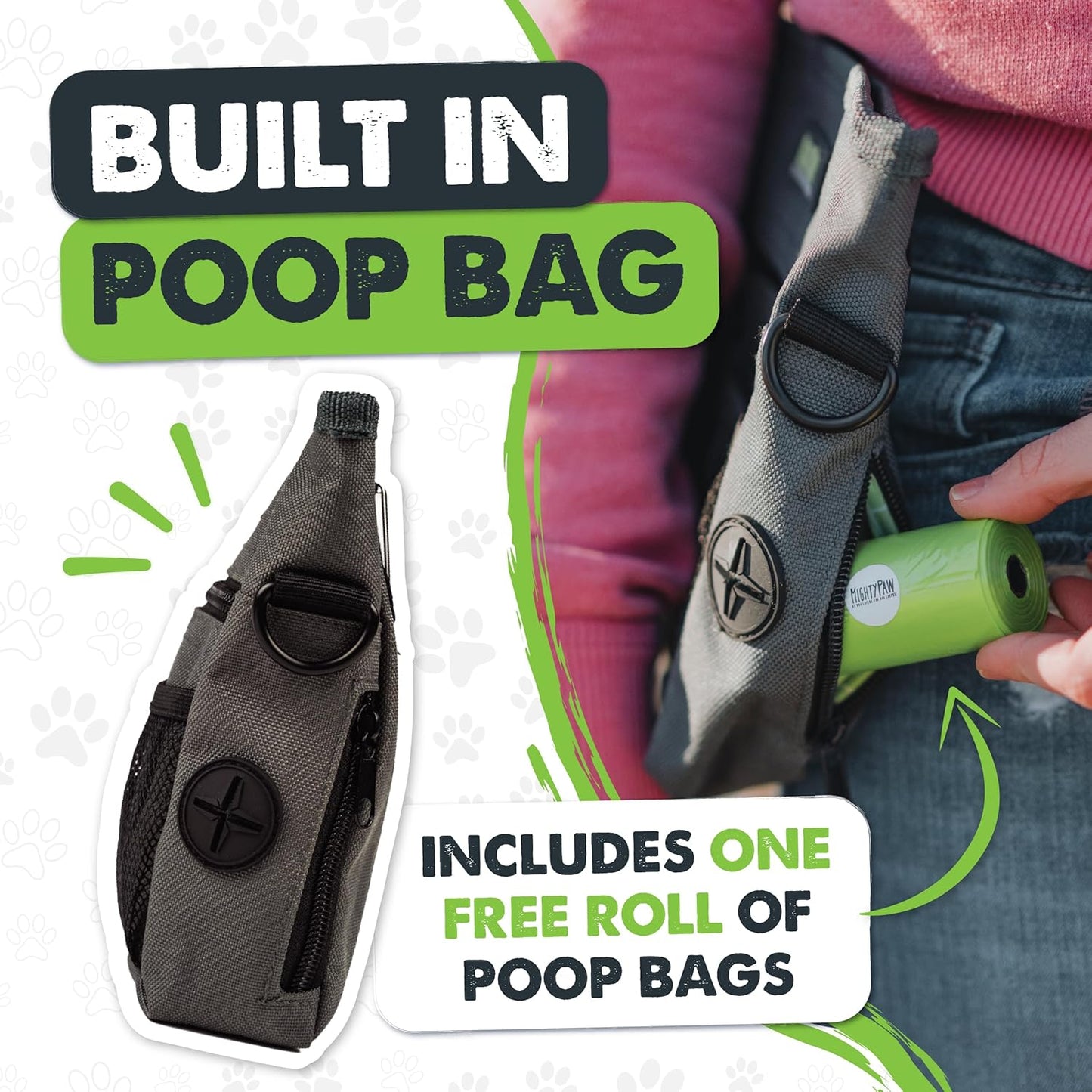 Dog Treat Bag - Drawstring Closure Pouch - Includes Carabiner Hook and Pick-Up Bags - with Reflective Belt - Dog Training Treats Pouch (Black)