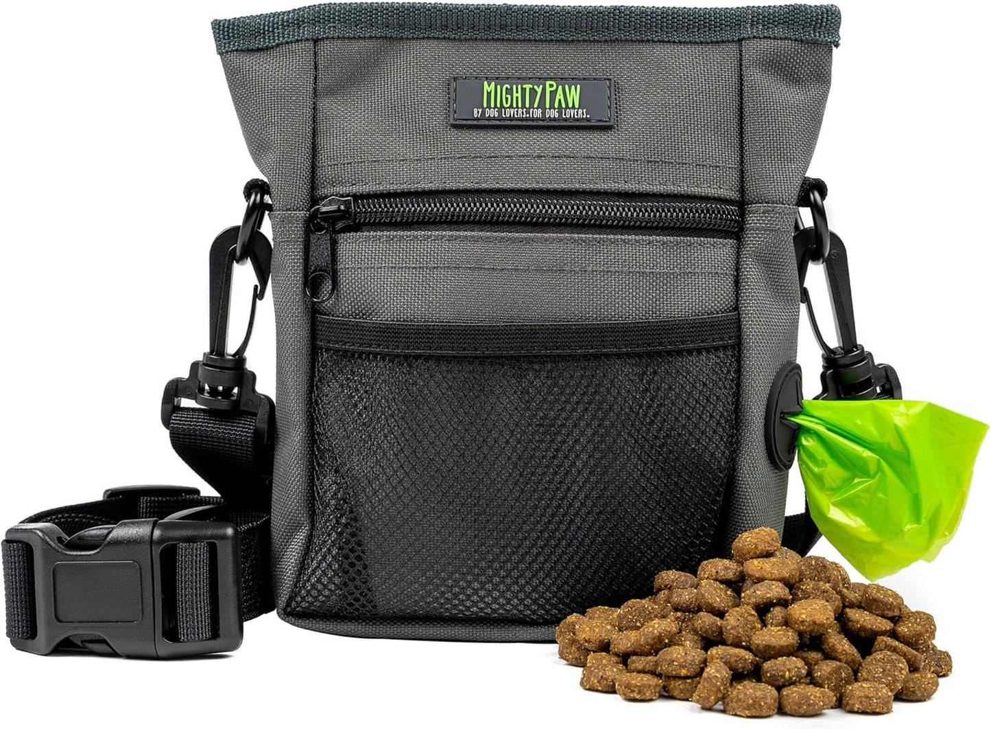 Dog Treat Bag - Drawstring Closure Pouch - Includes Carabiner Hook and Pick-Up Bags - Dog Paw Treat Bag - Pet Training Pouch - (Grey/Green)